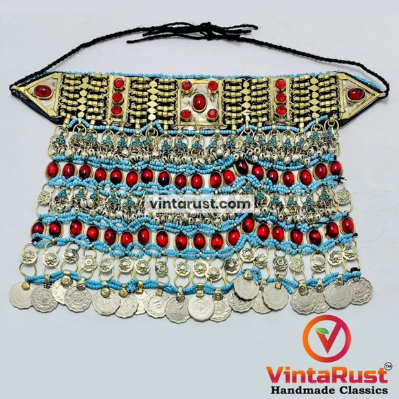 Afghan Choker Necklace, Tribal Kuchi Layered Necklace With Red Glass Stones - Picture 3 of 10